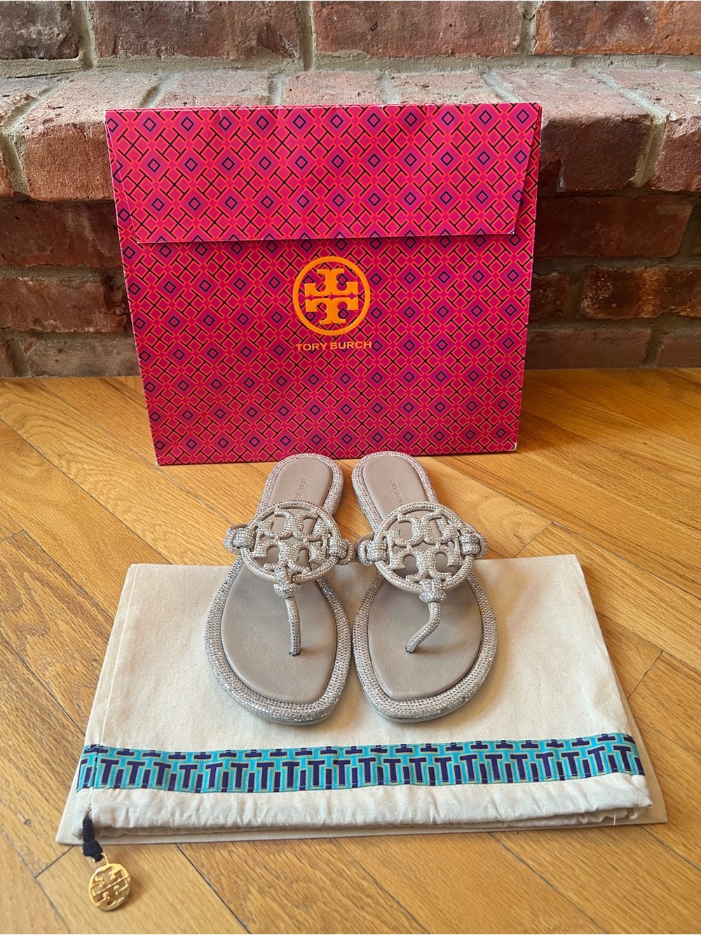 Tory Burch Stone Gray Miller Pavé Knotted Sandals - Picture 3 of 14